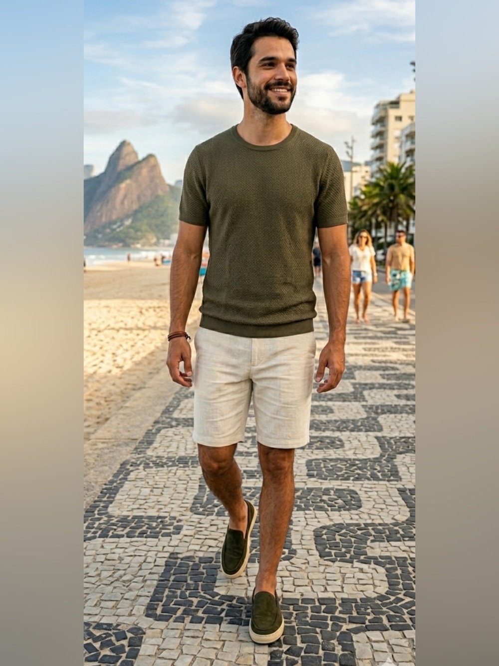 Massimo Dutti Olive Green Textured Short Sleeve Shirt